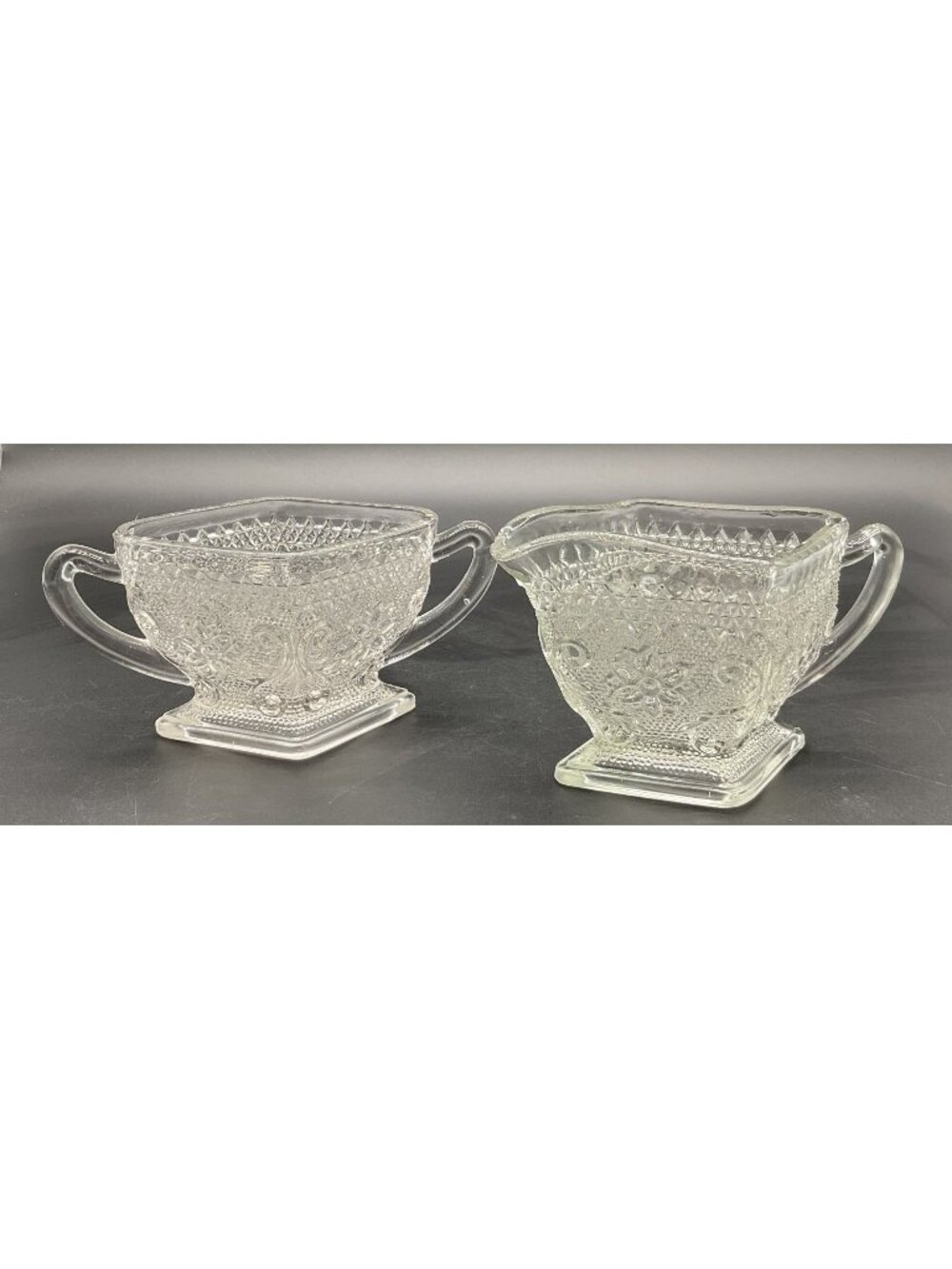 Vintage Indiana Glass Sandwich Tiara Pattern Sugar & Creamer Set 3"H x 5"W